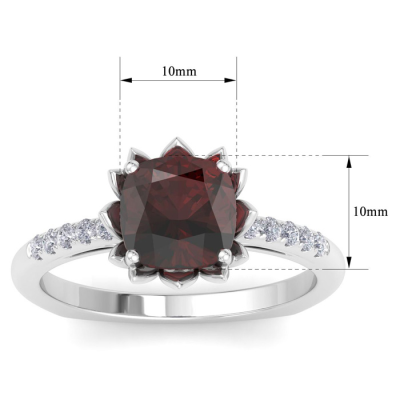 1 1/2 Carat Cushion Cut Garnet and Diamond Ring In 14K White Gold