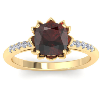 1 1/2 Carat Cushion Cut Garnet and Diamond Ring In 14K Yellow Gold