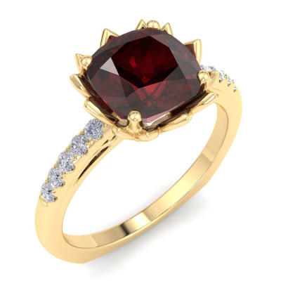1 1/2 Carat Cushion Cut Garnet and Diamond Ring In 14K Yellow Gold