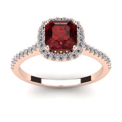 1 1/2 Carat Cushion Cut Garnet and Halo Diamond Ring In 14K Rose Gold