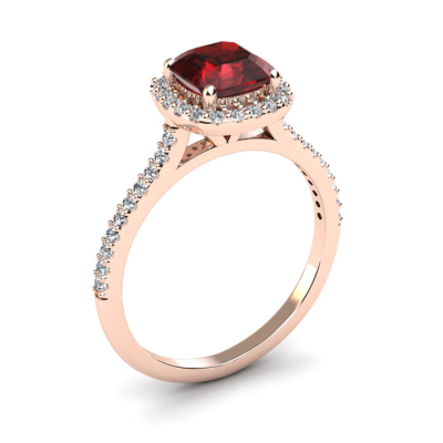 1 1/2 Carat Cushion Cut Garnet and Halo Diamond Ring In 14K Rose Gold
