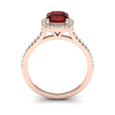 1 1/2 Carat Cushion Cut Garnet and Halo Diamond Ring In 14K Rose Gold