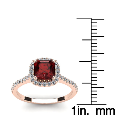 1 1/2 Carat Cushion Cut Garnet and Halo Diamond Ring In 14K Rose Gold