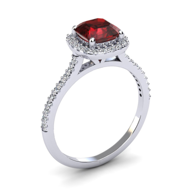 1 1/2 Carat Cushion Cut Garnet and Halo Diamond Ring In 14K White Gold