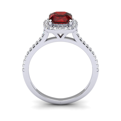 1 1/2 Carat Cushion Cut Garnet and Halo Diamond Ring In 14K White Gold