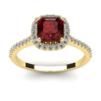 1 1/2 Carat Cushion Cut Garnet and Halo Diamond Ring In 14K Yellow Gold