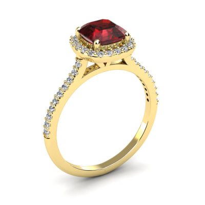 1 1/2 Carat Cushion Cut Garnet and Halo Diamond Ring In 14K Yellow Gold