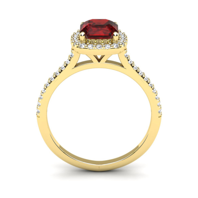 1 1/2 Carat Cushion Cut Garnet and Halo Diamond Ring In 14K Yellow Gold