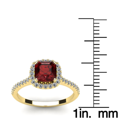 1 1/2 Carat Cushion Cut Garnet and Halo Diamond Ring In 14K Yellow Gold