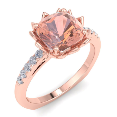 1 1/2 Carat Cushion Cut Morganite and Diamond Ring In 14K Rose Gold
