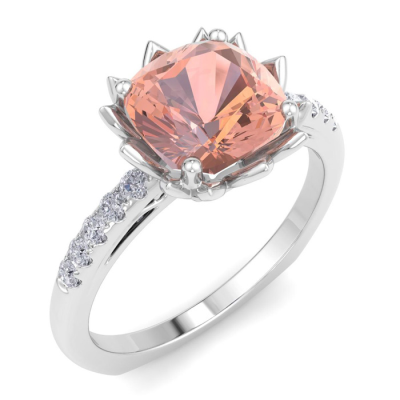 1 1/2 Carat Cushion Cut Morganite and Diamond Ring In 14K White Gold