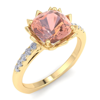 1 1/2 Carat Cushion Cut Morganite and Diamond Ring In 14K Yellow Gold