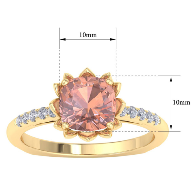 1 1/2 Carat Cushion Cut Morganite and Diamond Ring In 14K Yellow Gold