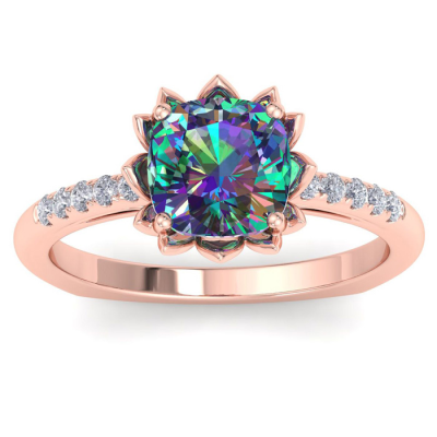 1 1/2 Carat Cushion Cut Mystic Topaz and Diamond Ring In 14K Rose Gold