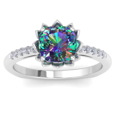 1 1/2 Carat Cushion Cut Mystic Topaz and Diamond Ring In 14K White Gold