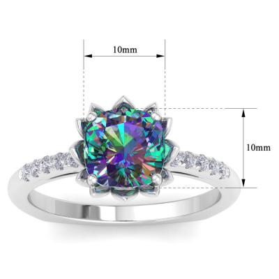 1 1/2 Carat Cushion Cut Mystic Topaz and Diamond Ring In 14K White Gold