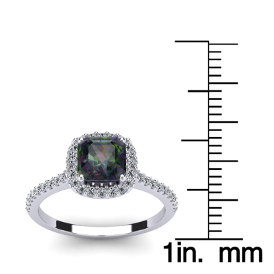 1 1/2 Carat Cushion Cut Mystic Topaz and Halo Diamond Ring In 14K White Gold