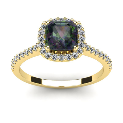1 1/2 Carat Cushion Cut Mystic Topaz and Halo Diamond Ring In 14K Yellow Gold