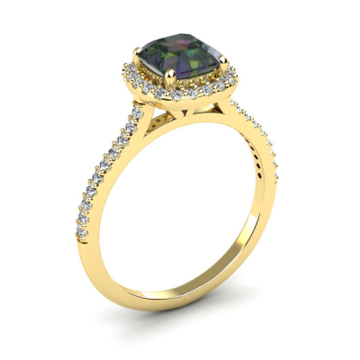 1 1/2 Carat Cushion Cut Mystic Topaz and Halo Diamond Ring In 14K Yellow Gold
