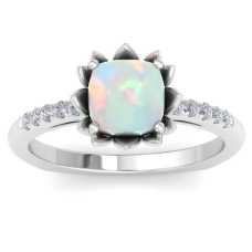 1 1/2 Carat Cushion Cut Opal and Diamond Ring In 14K White Gold