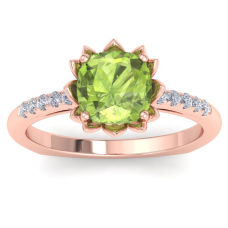 1 1/2 Carat Cushion Cut Peridot and Diamond Ring In 14K Rose Gold