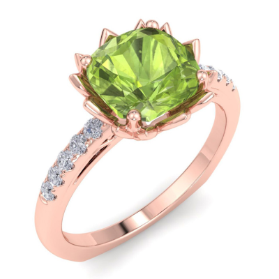 1 1/2 Carat Cushion Cut Peridot and Diamond Ring In 14K Rose Gold