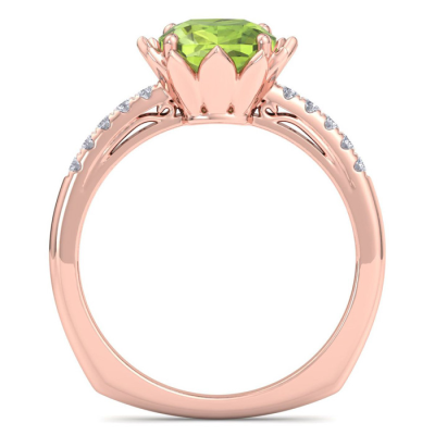 1 1/2 Carat Cushion Cut Peridot and Diamond Ring In 14K Rose Gold