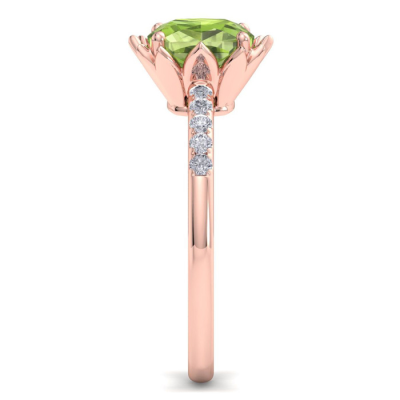 1 1/2 Carat Cushion Cut Peridot and Diamond Ring In 14K Rose Gold