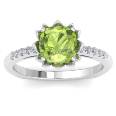 1 1/2 Carat Cushion Cut Peridot and Diamond Ring In 14K White Gold