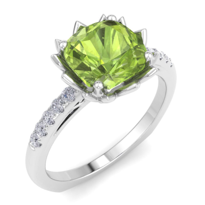 1 1/2 Carat Cushion Cut Peridot and Diamond Ring In 14K White Gold