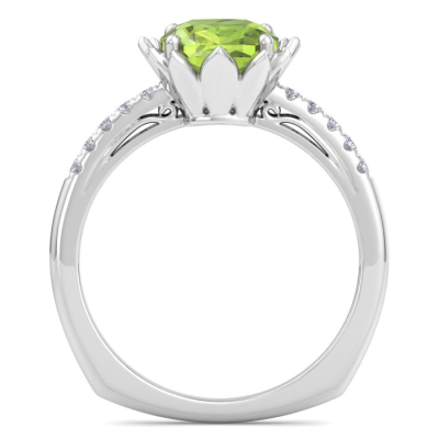 1 1/2 Carat Cushion Cut Peridot and Diamond Ring In 14K White Gold