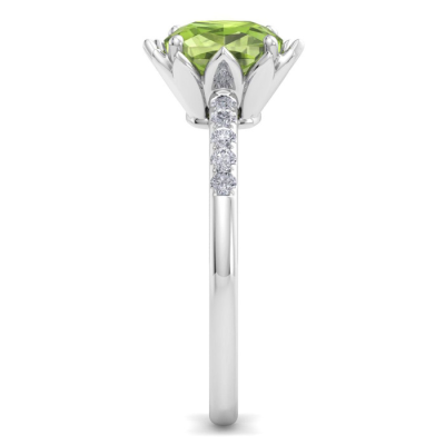 1 1/2 Carat Cushion Cut Peridot and Diamond Ring In 14K White Gold