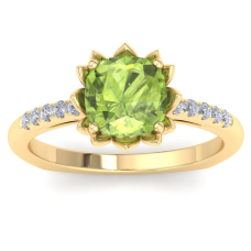 1 1/2 Carat Cushion Cut Peridot and Diamond Ring In 14K Yellow Gold