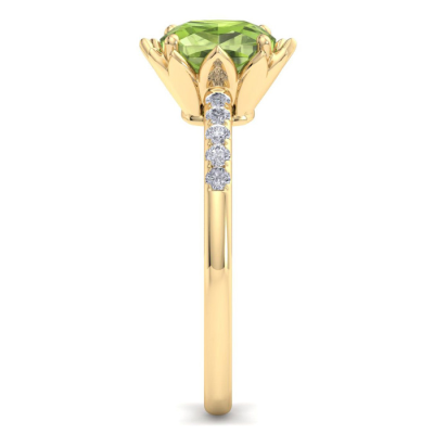 1 1/2 Carat Cushion Cut Peridot and Diamond Ring In 14K Yellow Gold