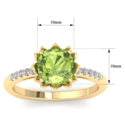 1 1/2 Carat Cushion Cut Peridot and Diamond Ring In 14K Yellow Gold