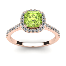 1 1/2 Carat Cushion Cut Peridot and Halo Diamond Ring In 14K Rose Gold