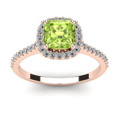 1 1/2 Carat Cushion Cut Peridot and Halo Diamond Ring In 14K Rose Gold