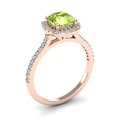 1 1/2 Carat Cushion Cut Peridot and Halo Diamond Ring In 14K Rose Gold