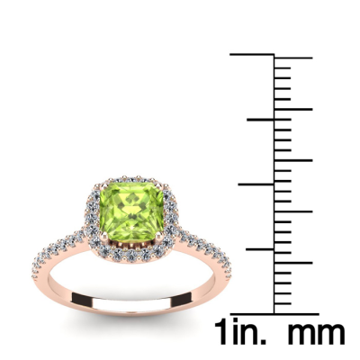 1 1/2 Carat Cushion Cut Peridot and Halo Diamond Ring In 14K Rose Gold