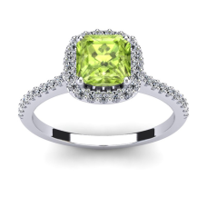 1 1/2 Carat Cushion Cut Peridot and Halo Diamond Ring In 14K White Gold