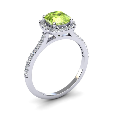 1 1/2 Carat Cushion Cut Peridot and Halo Diamond Ring In 14K White Gold
