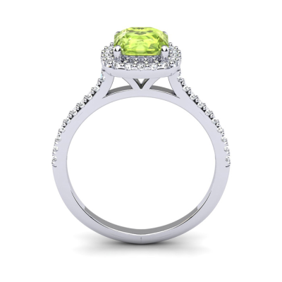 1 1/2 Carat Cushion Cut Peridot and Halo Diamond Ring In 14K White Gold