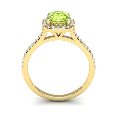 1 1/2 Carat Cushion Cut Peridot and Halo Diamond Ring In 14K Yellow Gold