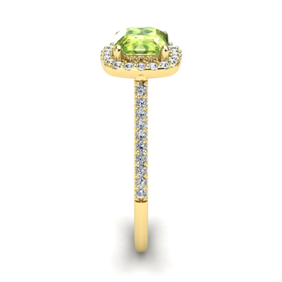 1 1/2 Carat Cushion Cut Peridot and Halo Diamond Ring In 14K Yellow Gold