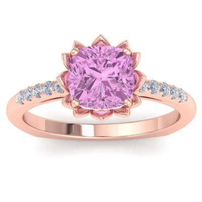 1 1/2 Carat Cushion Cut Pink Topaz and Diamond Ring In 14K Rose Gold