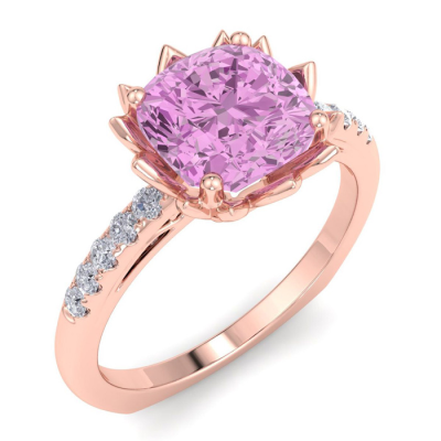 1 1/2 Carat Cushion Cut Pink Topaz and Diamond Ring In 14K Rose Gold