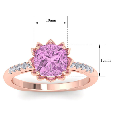 1 1/2 Carat Cushion Cut Pink Topaz and Diamond Ring In 14K Rose Gold