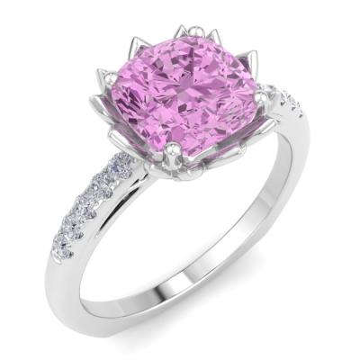 1 1/2 Carat Cushion Cut Pink Topaz and Diamond Ring In 14K White Gold