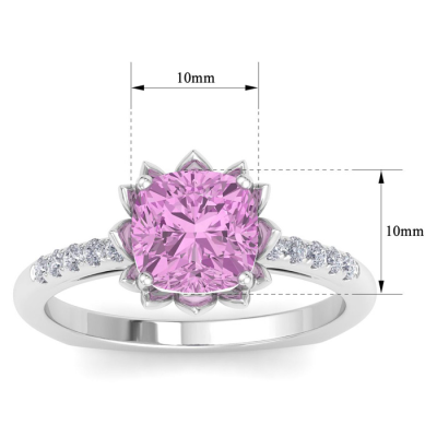 1 1/2 Carat Cushion Cut Pink Topaz and Diamond Ring In 14K White Gold