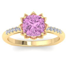 1 1/2 Carat Cushion Cut Pink Topaz and Diamond Ring In 14K Yellow Gold